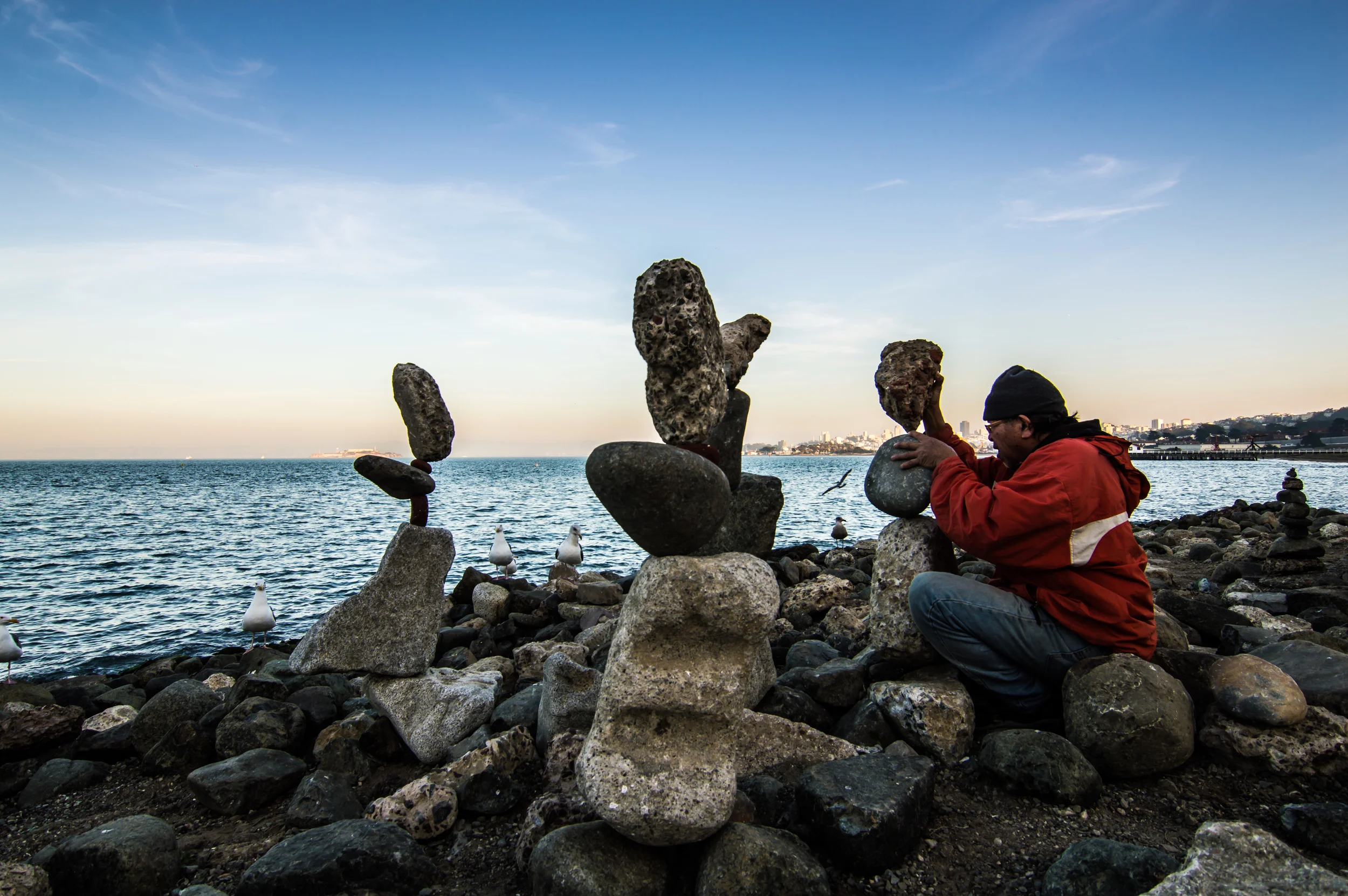 Stacked rocks in front of Golden Gate Bridge