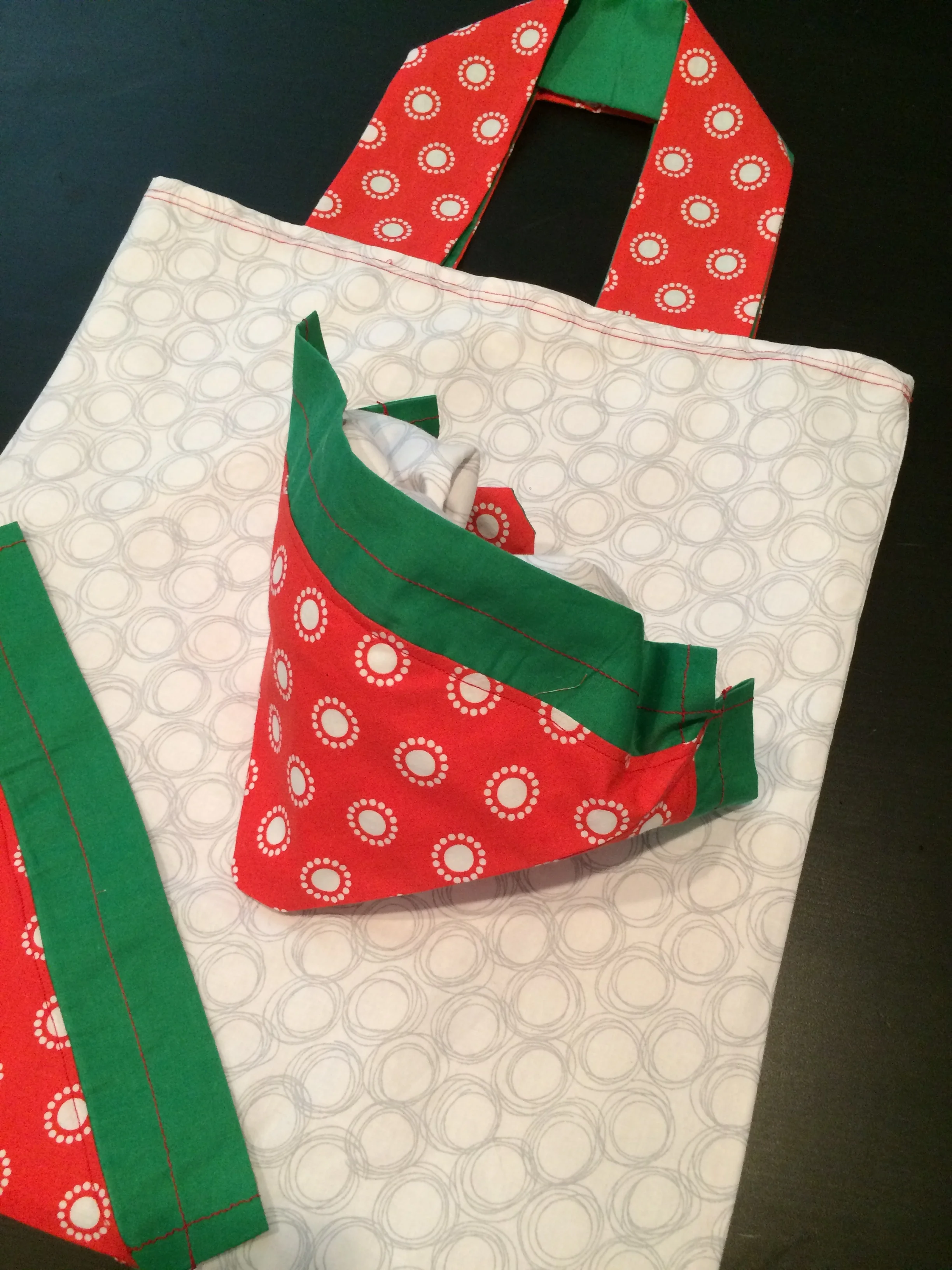 Bag stuffed into the strawberry corner. I have to get a drawstring to close it up properly. 