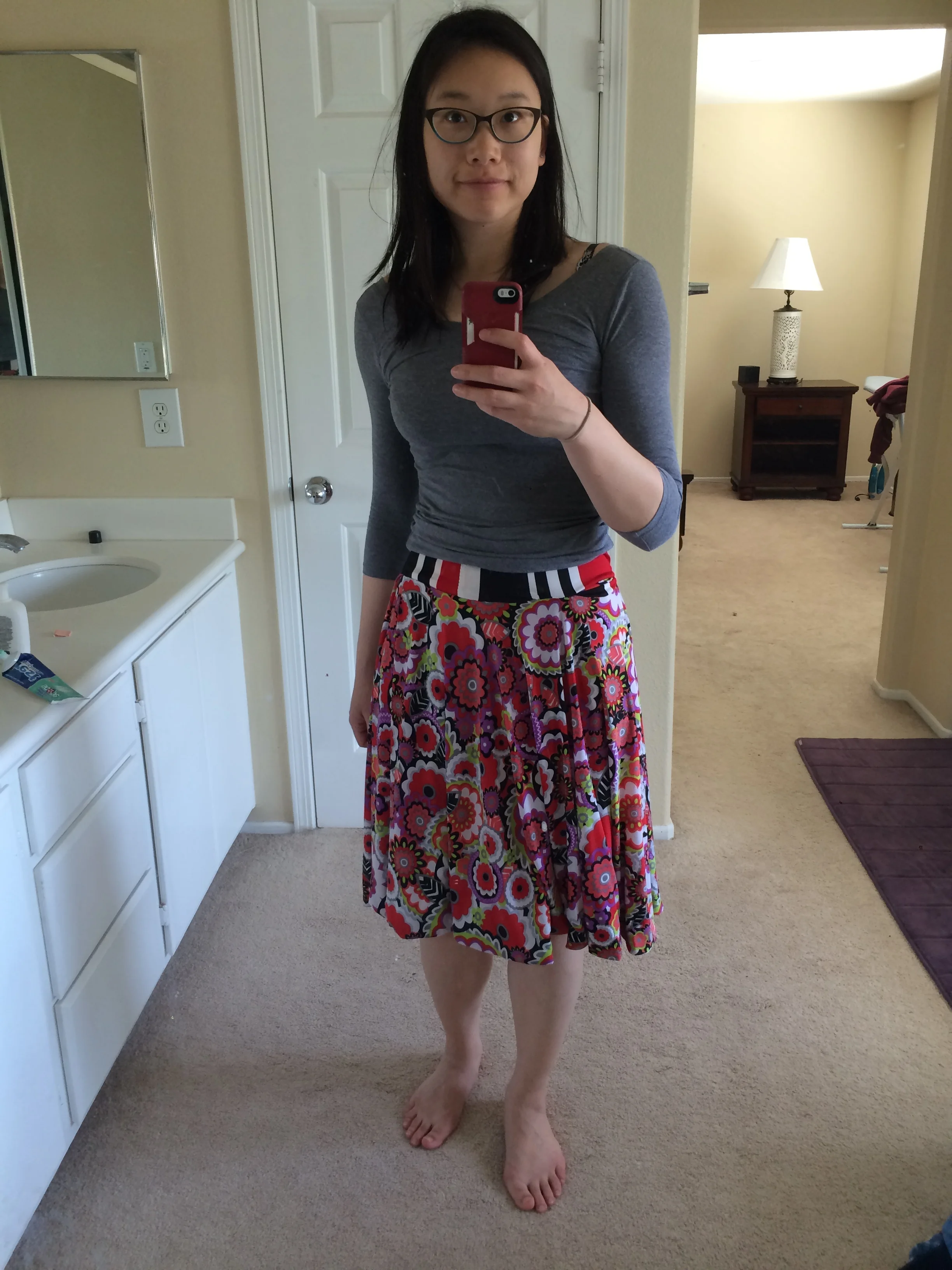 Floral side of the skirt with contrasting waistband