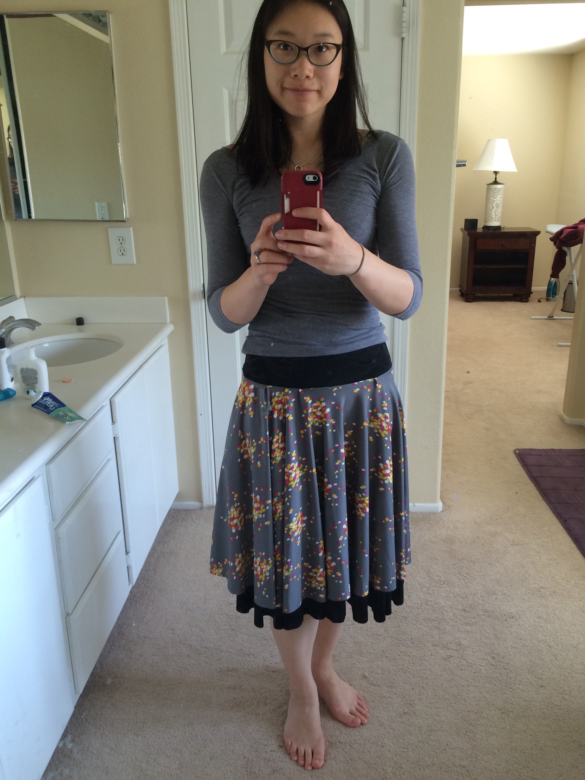 My second reversible skirt with pockets! Gray with confetti on one side, black floral on the reverse side. If you wear it a certain way, it looks like a 2 tiered skirt! I think it's a cool effect that wasn't exactly intentional, but I like it better this way. 