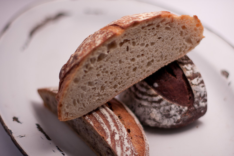 Clockwise from left: Walnut Wheat Levain, Basic Sourdough Boule, Chocolate Sourdough