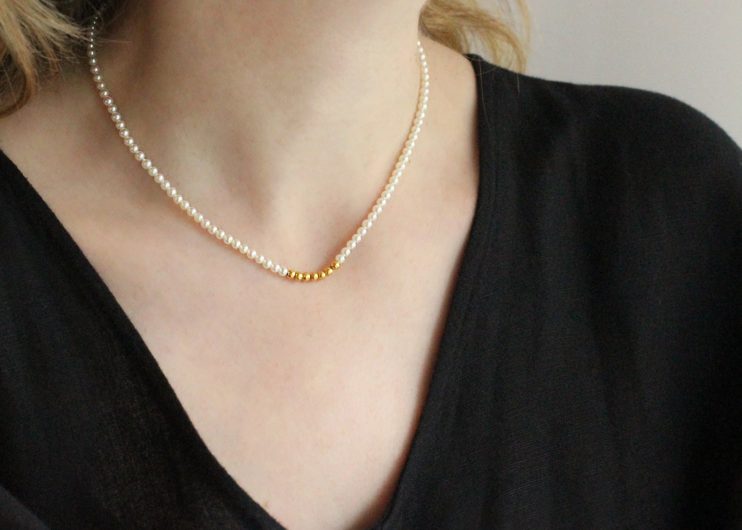 Pearl and Gold Bead Necklace on Model.jpg