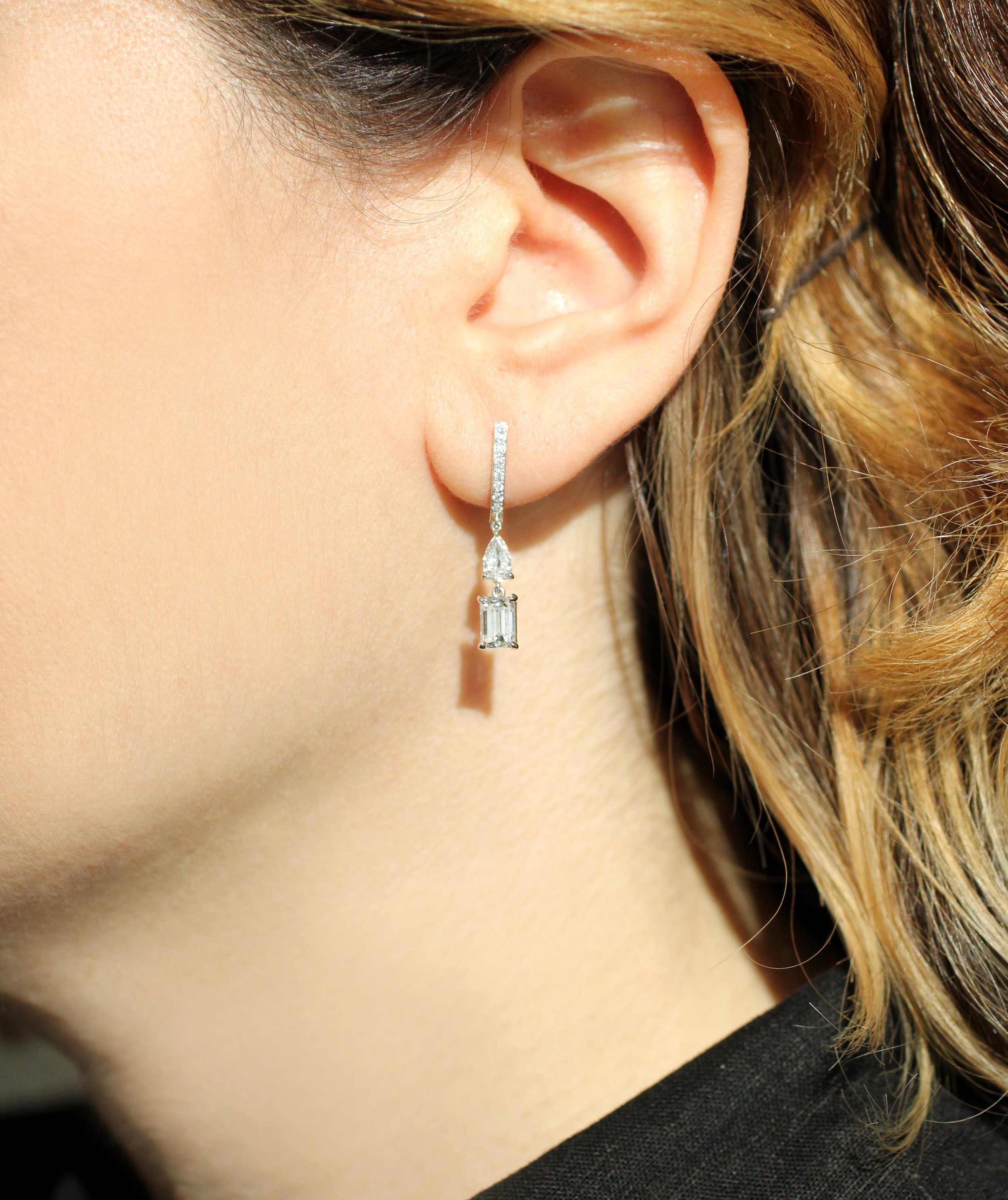 18ct White Gold 0.30ct Diamond Baguette Cut Huggie Drop Earrings |  Nettletons Jewellers