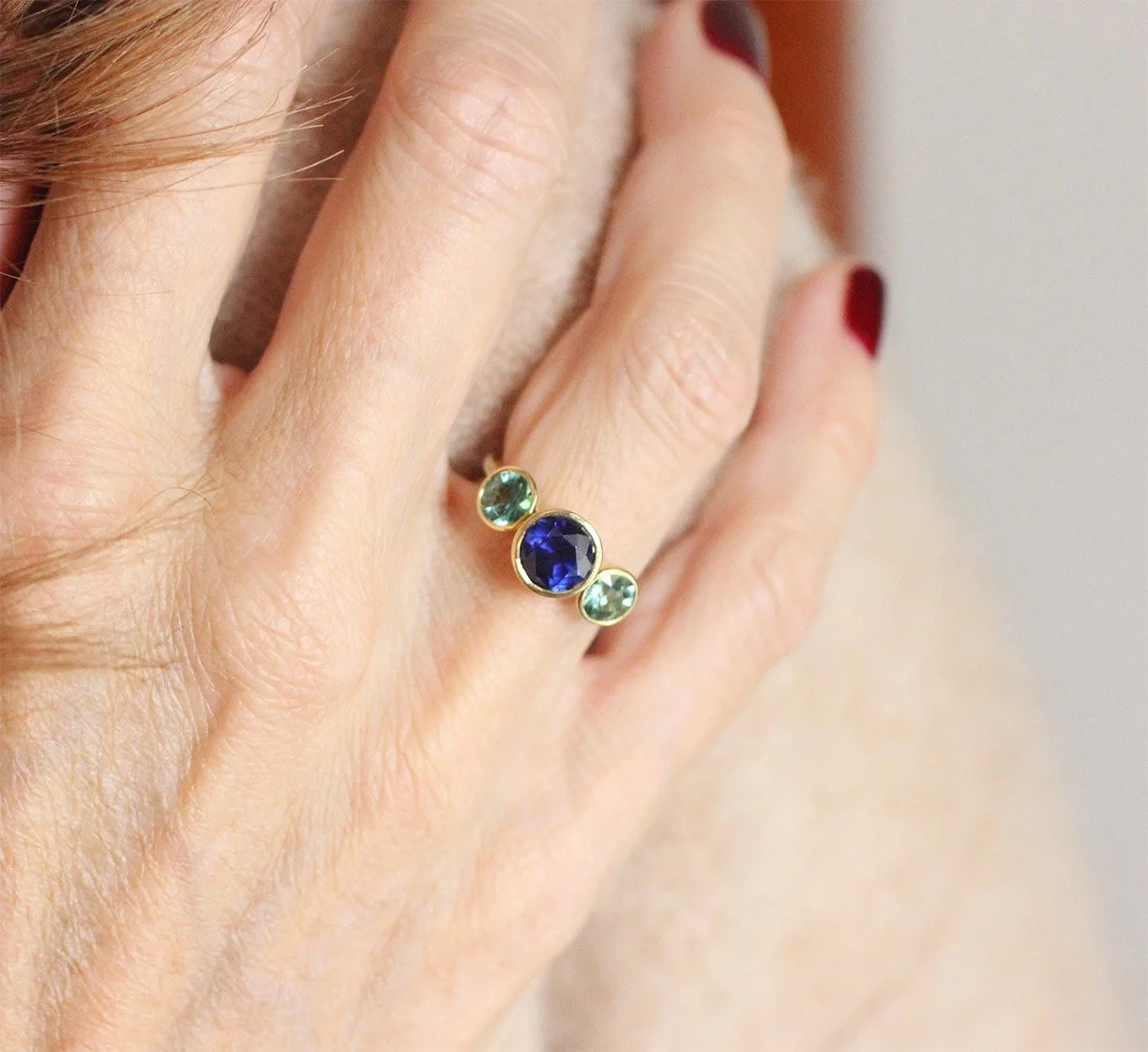 Sapphire and Mint Tourmaine RIng on the Body.jpg