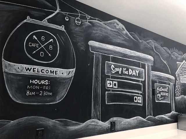 Cafe 680 chalkboard winter 2018 revision: snow sports. Big thanks to @alleninstitute  for having me back to make art in your beautiful building once again. Hope getting snacks in your cafeteria is that much more fun and helps do its little part to in