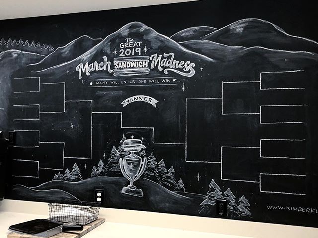 The 2019 March Madness update. Before and after + shots of the rest of the board in action. I think this is #3 for me. Excited to see what sandwich comes out on top this year. #marchsandwichmadness 
#handlettering #chalkartist #chalkmural #chalkboard