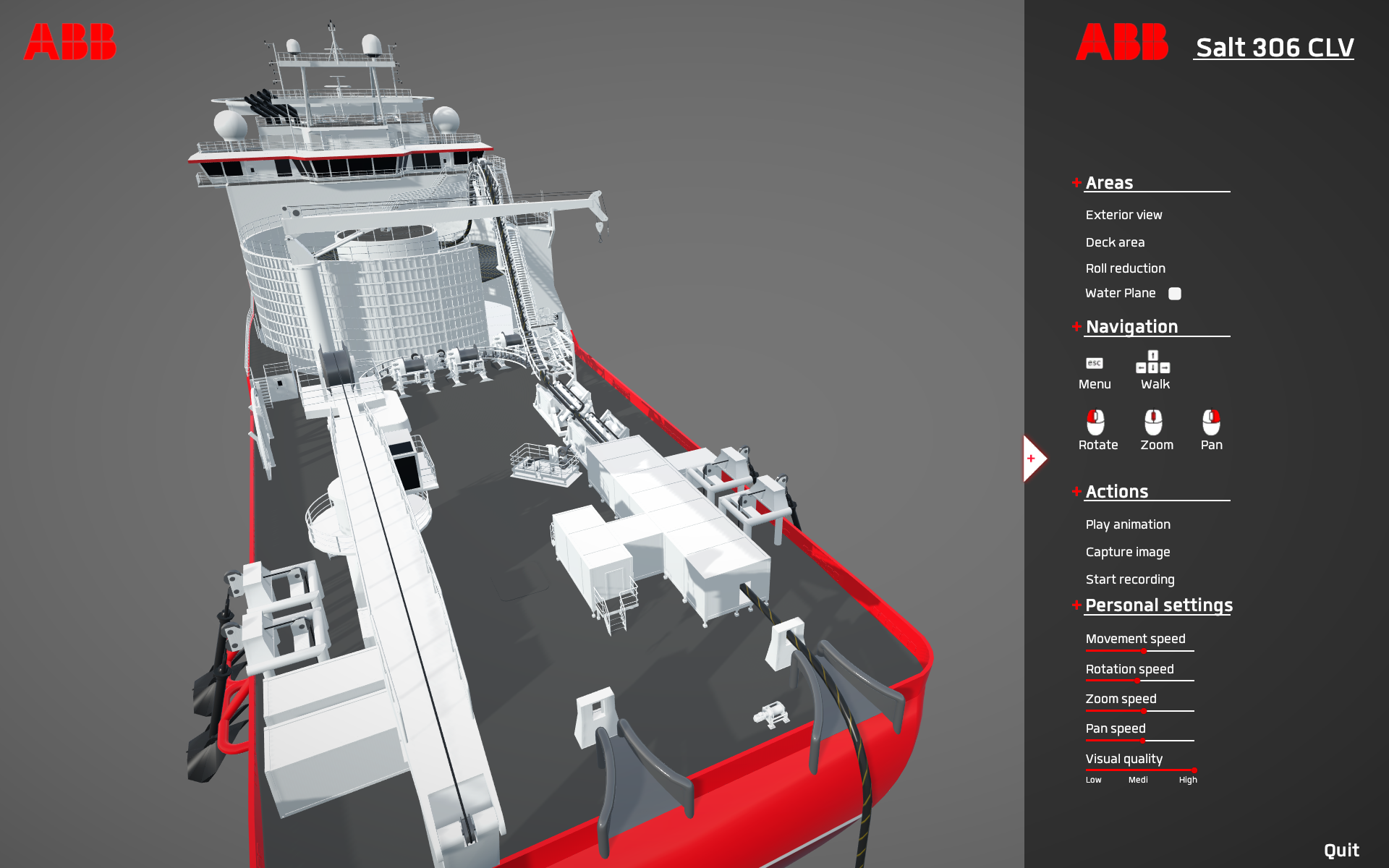 The exterior view of the ship. The user can zoom pan and rotate freely.