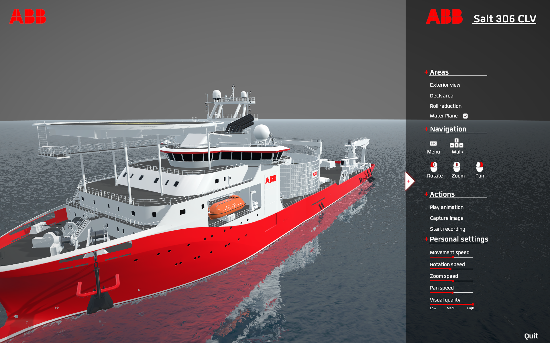 The exterior view of the ship with water plane activated.