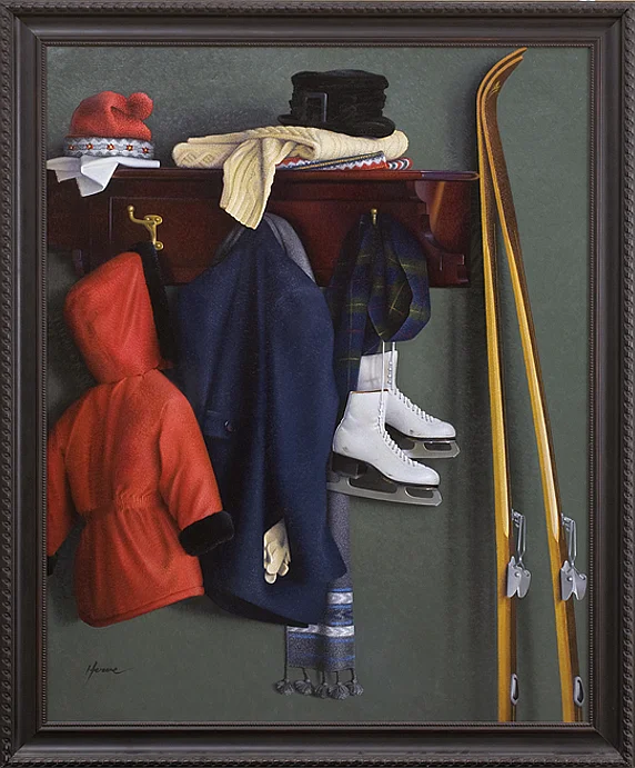 Suzanne Howe, Still Life with Skis and Skates, Oil on canvas, 60 x 48 inches.