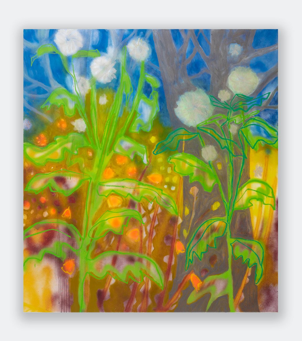   American Burnweed I  2025, Acrylic, spraypaint, oilbar, oil on linen  56 x 50 in. (142 x 127 cm)  In Private Collection 