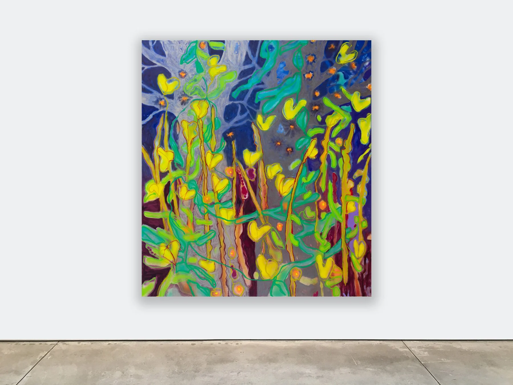   Nocturne with Fireflies  2025, Acrylic, spraypaint, oilbar, oil on linen  56 x 50 in. (142 x 127 cm) 