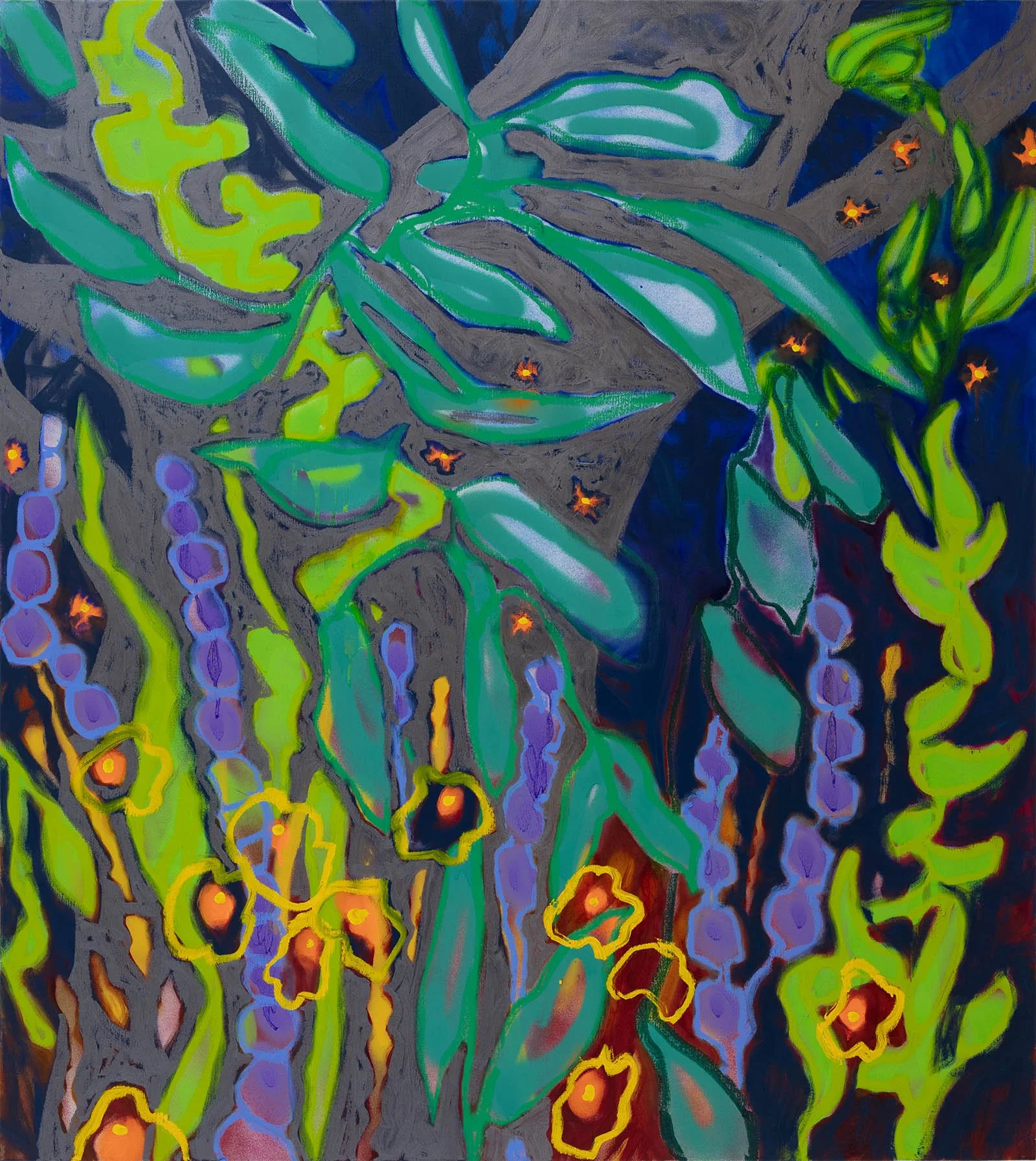   Night Garden and Fireflies III  2025, Acrylic, spraypaint, oilbar, oil on linen  56 x 50 in. (142 x 127 cm) 
