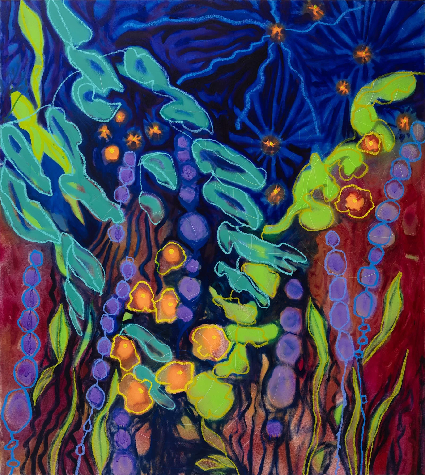   Some kind of change, some kind of spinning away  2025, Acrylic, spraypaint, oilbar, oil on linen  56 x 50 in. (142 x 127 cm) 