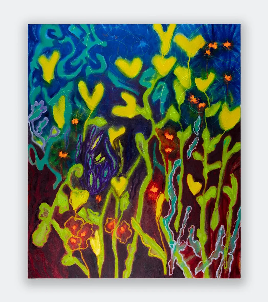   Jewelweed and Fireflies  2024, Acrylic, spraypaint, oilbar, oil on linen  36 x 30 in. (91.4 x 76.2 cm)  In Private Collection 