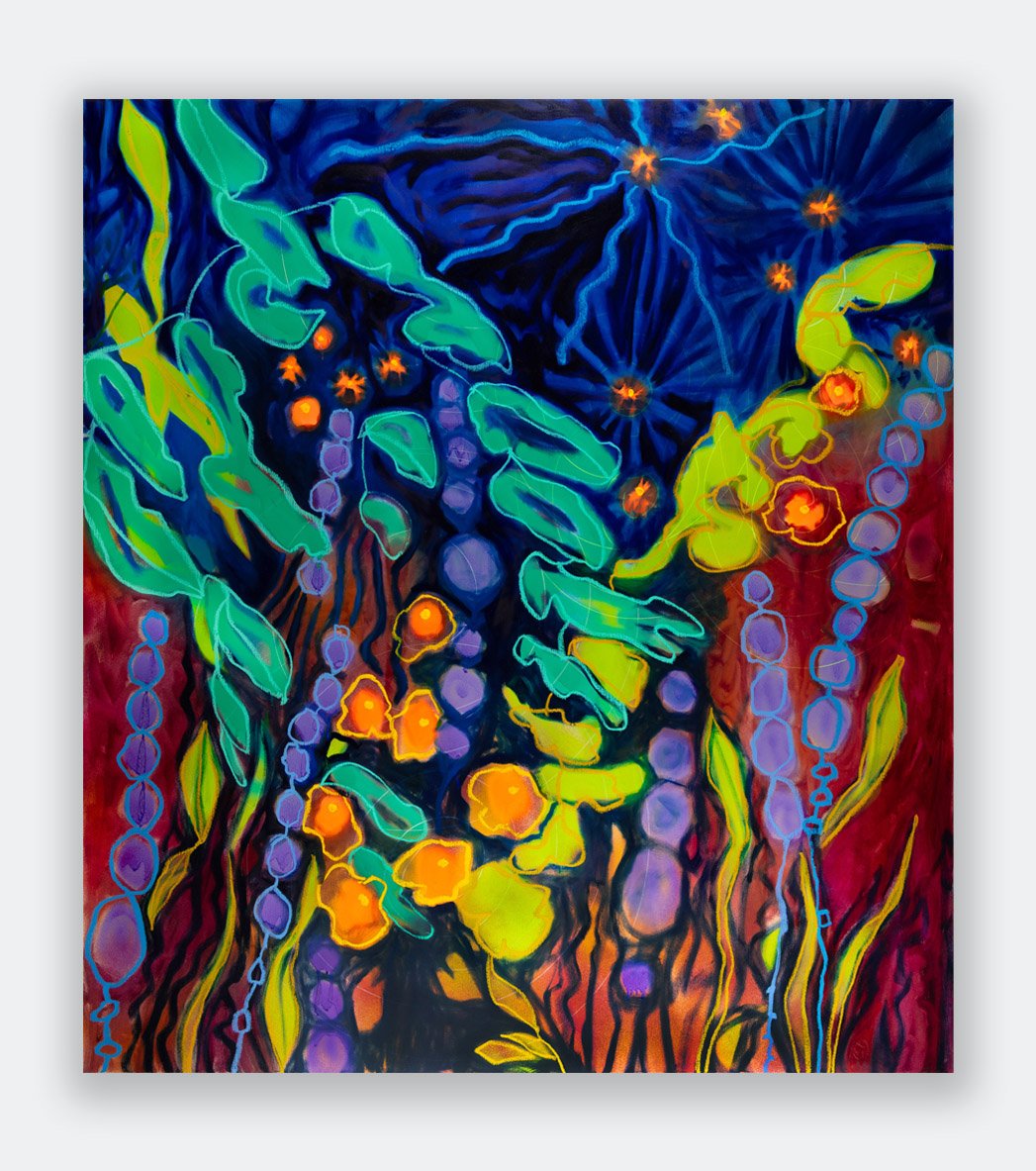   Some kind of change, some kind of spinning away  2025, Acrylic, spraypaint, oilbar, oil on linen  56 x 50 in. (142 x 127 cm)  In Private Collection 
