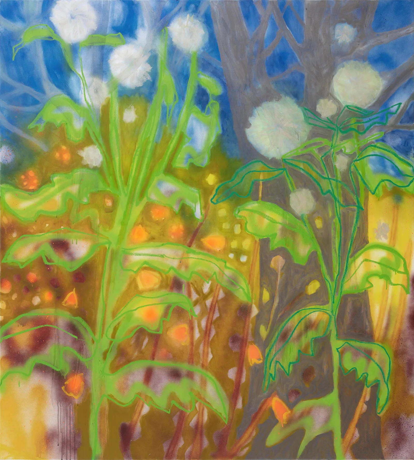   American Burnweed I  2025, Acrylic, spraypaint, oilbar, oil on linen  56 x 50 in. (142 x 127 cm) 