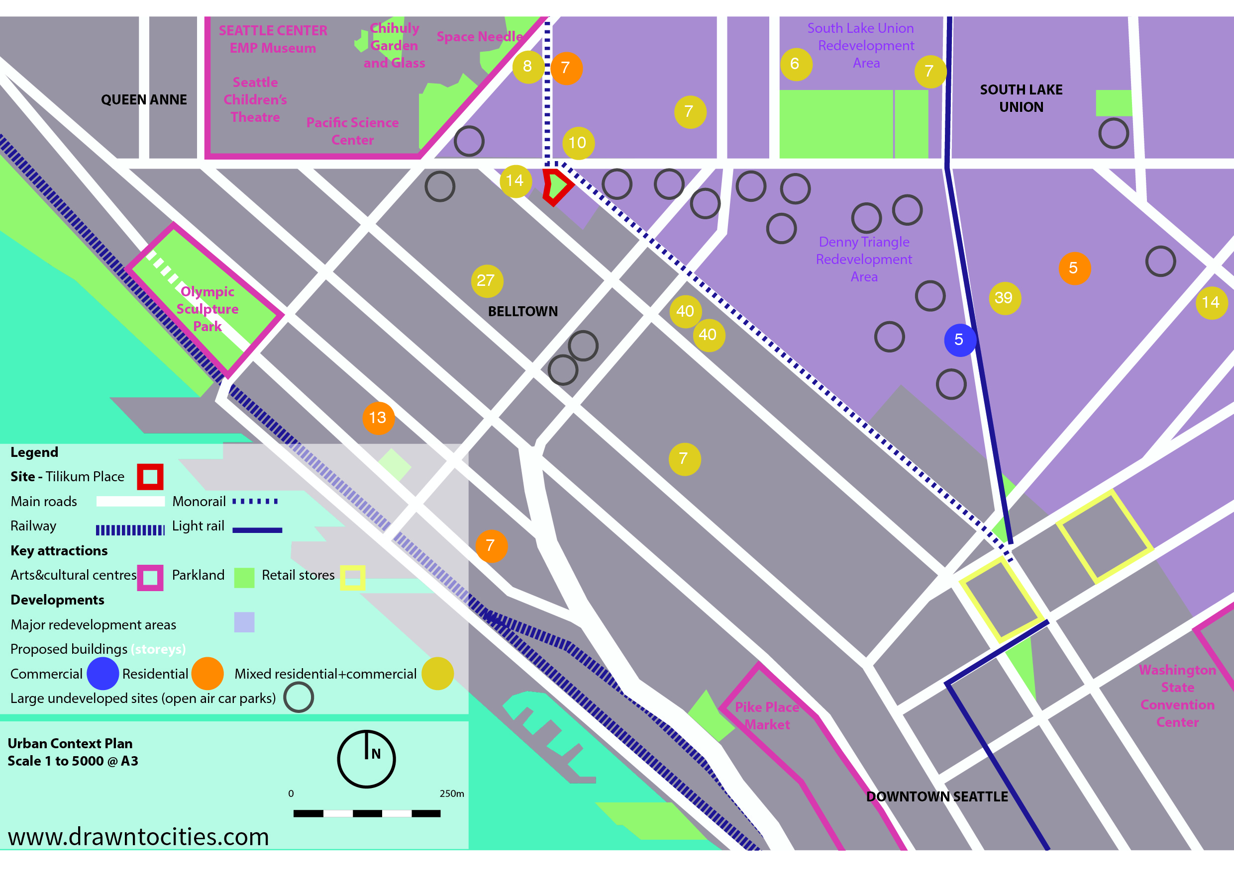 Development activity and vacant sites surrounding Tilikum Place Seattle context map by drawntocities.com