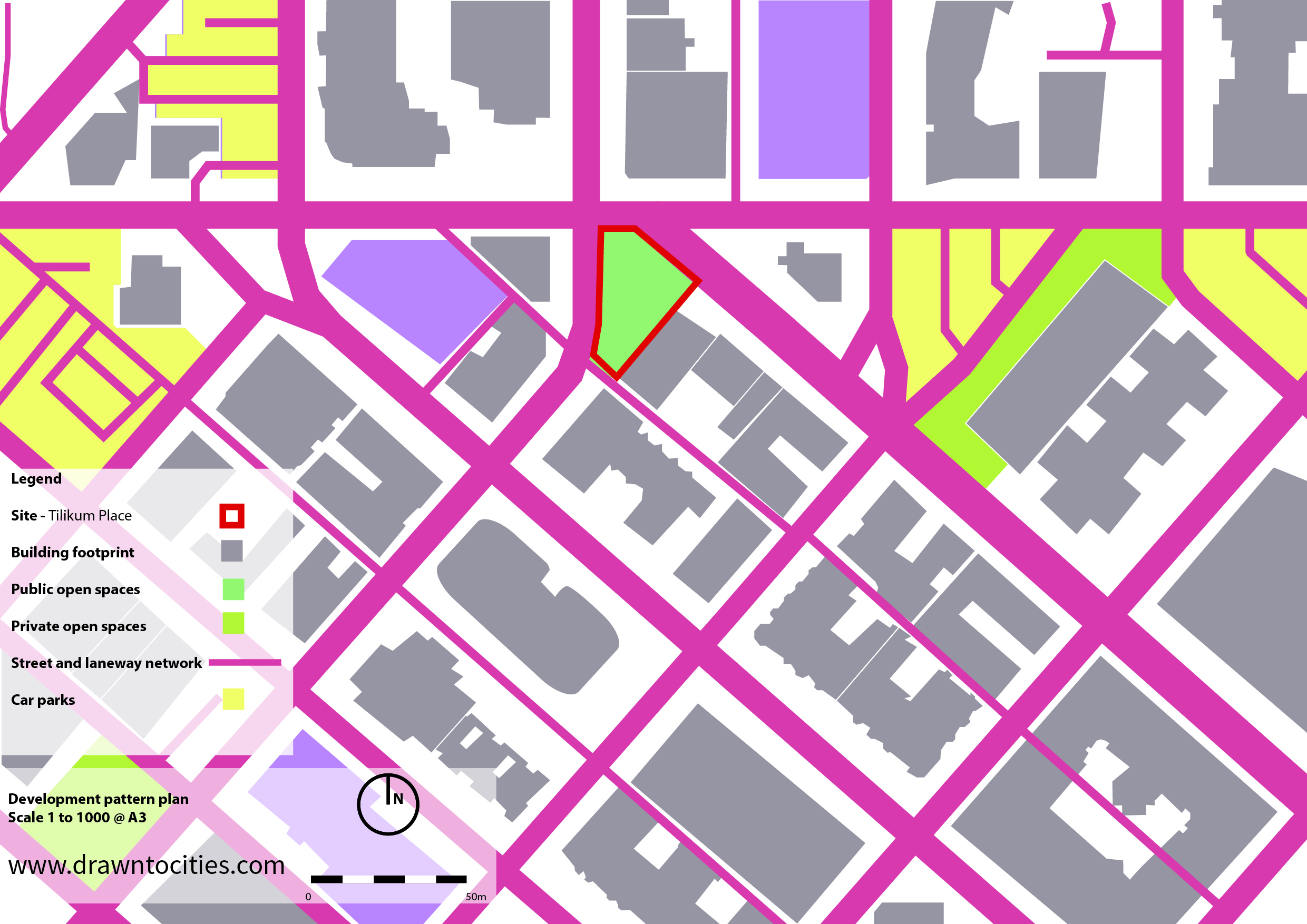 Tilikum Place Seattle development pattern map by drawntocities.com