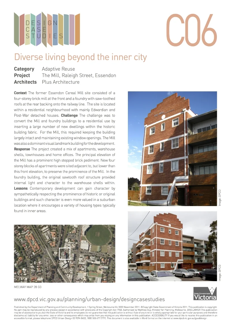 Department of Transport, Planning and Local Infrastructure, The Mill, Raleigh Street Essendon, Design Case Studies, Diverse living beyond the inner city