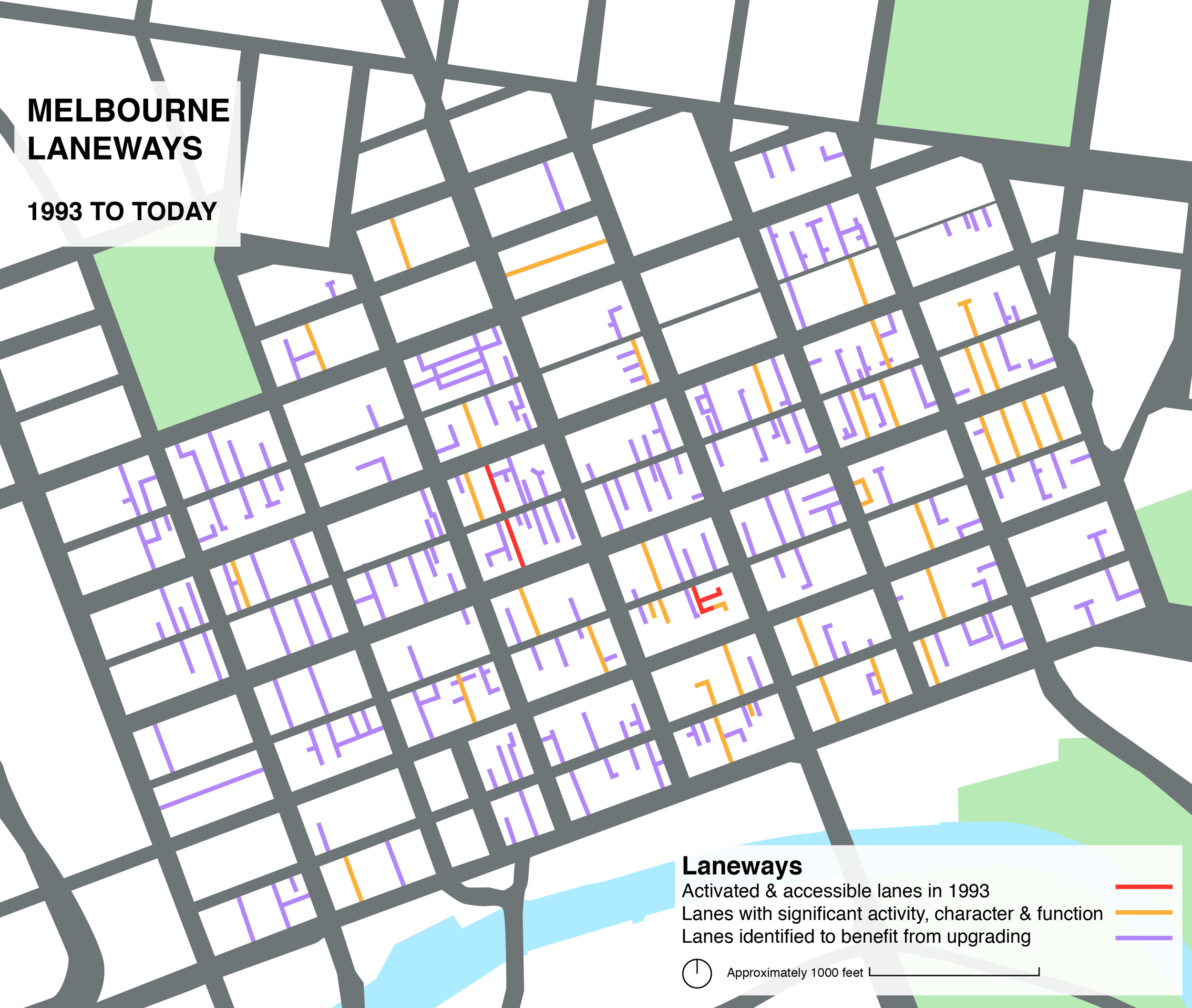 Map of Melbourne’s laneways by Sarah Oberklaid, showing the increase in active and accessible laneways since 1993. Sources: City of Melbourne and Gehl Architects, Places for People, 2004 and Melbourne Planning Scheme Clause 22.20. Lanes identified to benefit from upgrading, feature less than two of the core values of: Connectivity, active frontages, elevational articulation & views.