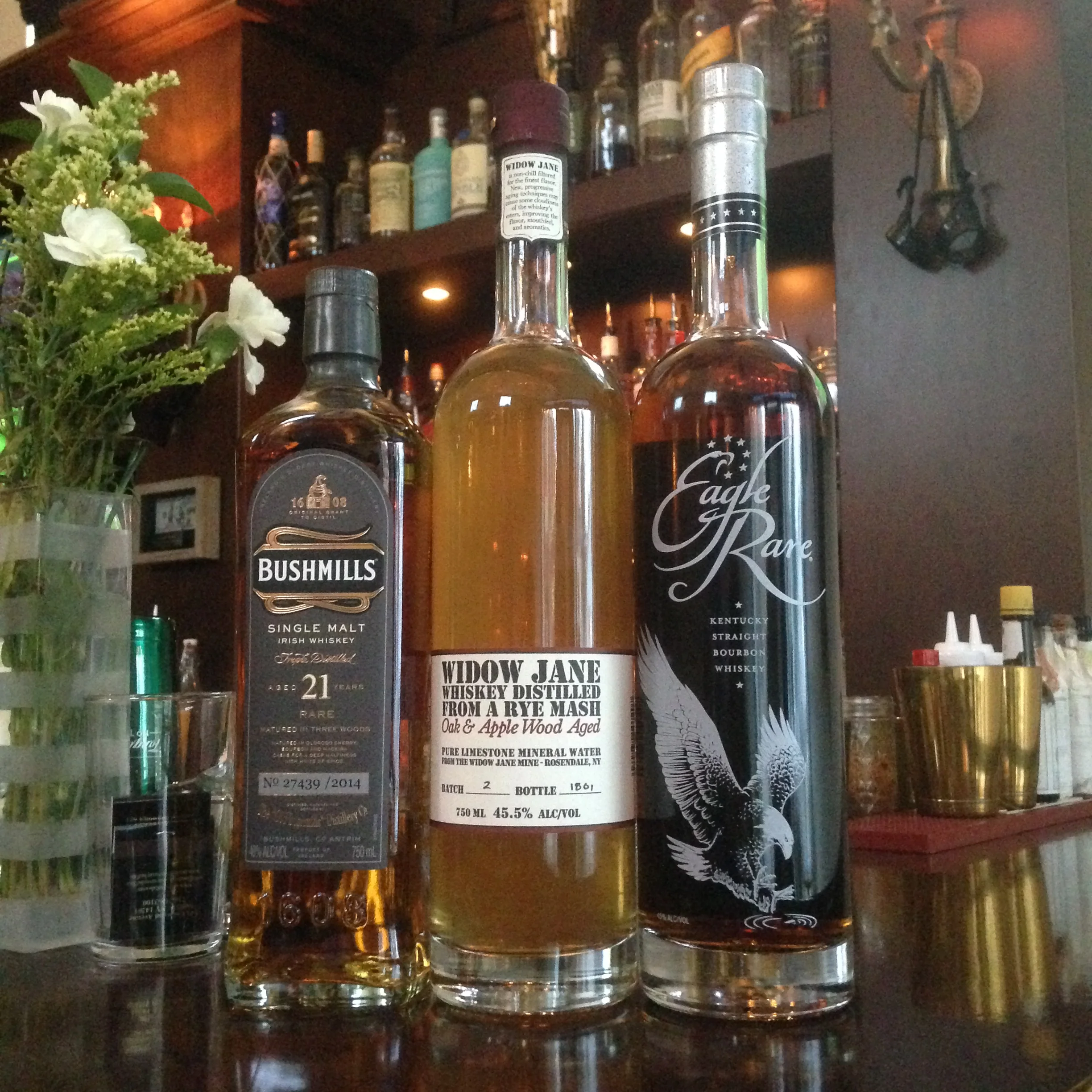 Bushmills 21 year-old Single Malt Irish WhiskeyWidow Jane Oak & Apple Wood Rye MashEagle Rare Kentucky Straight Bourbon