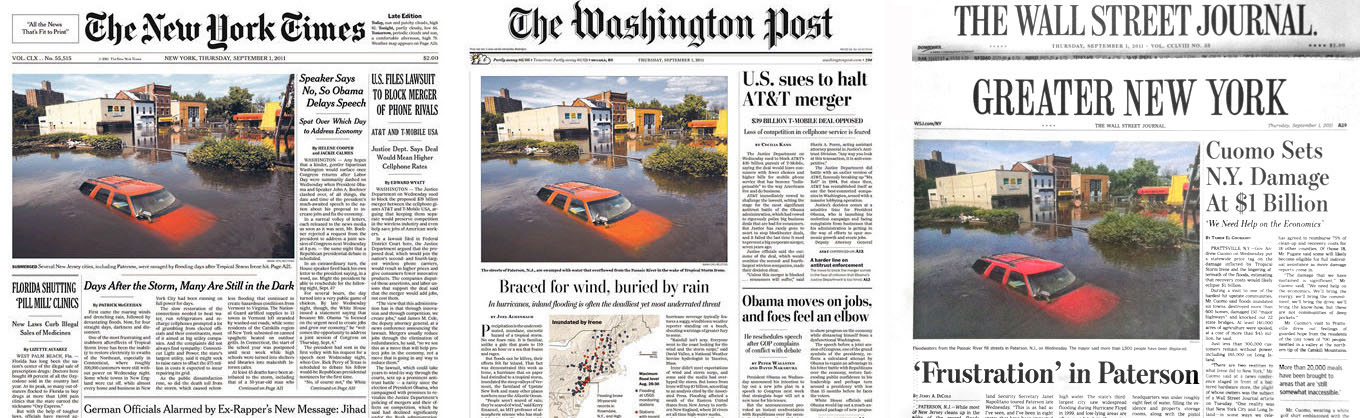 The first four days of Hurricane Irene Mark shot for the Star Ledger, living out of his car, following the storm. The fifth day he shot for Reuters. There's nothing like waking up the sixth day, September 1, 2011, to find out the first image moved by Reuters ran on the front pages of the Times, the Post and Journal. The image, and fact it ran on all three front pages, was discussed in media blogs and even NY morning shows. That morning Reuters senior photographer and photo editor Brendan McDermid called to say, Good job, what are you going to do for us today? 