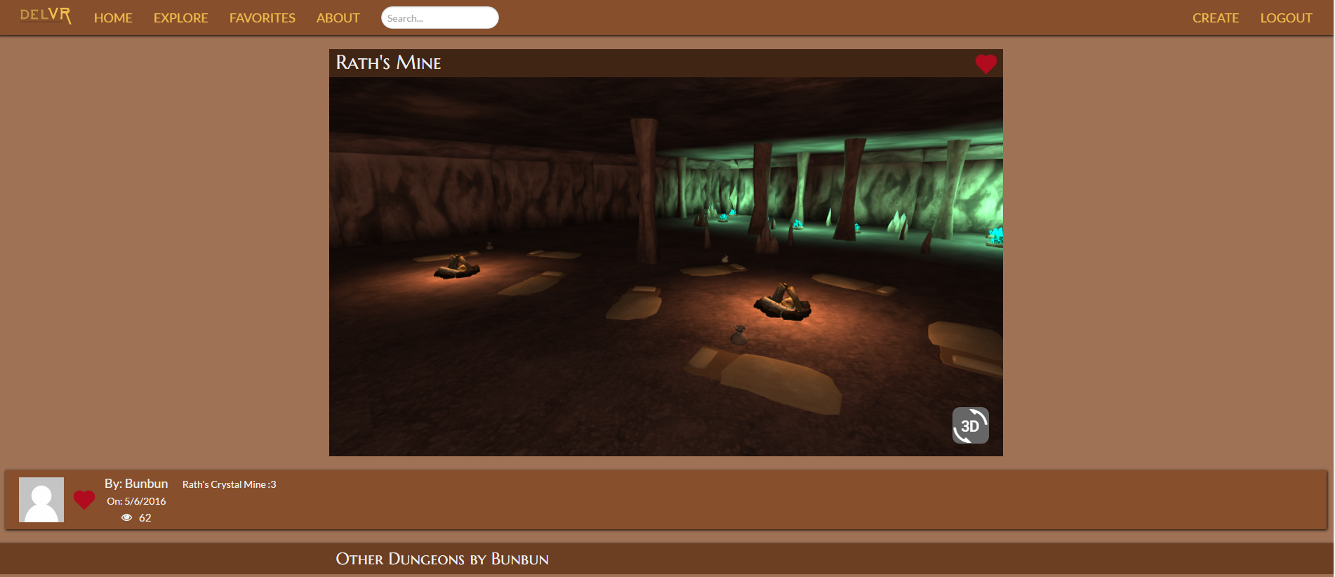 Example of a dungeon page, the website supported social media like features such as favorite dungeons, sharing dungeons and leaving comments on them. 