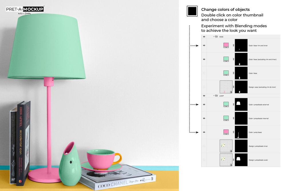Lamp Vase And Teacup Photo Mockup, Teacup Table Lamp Next To Each Other