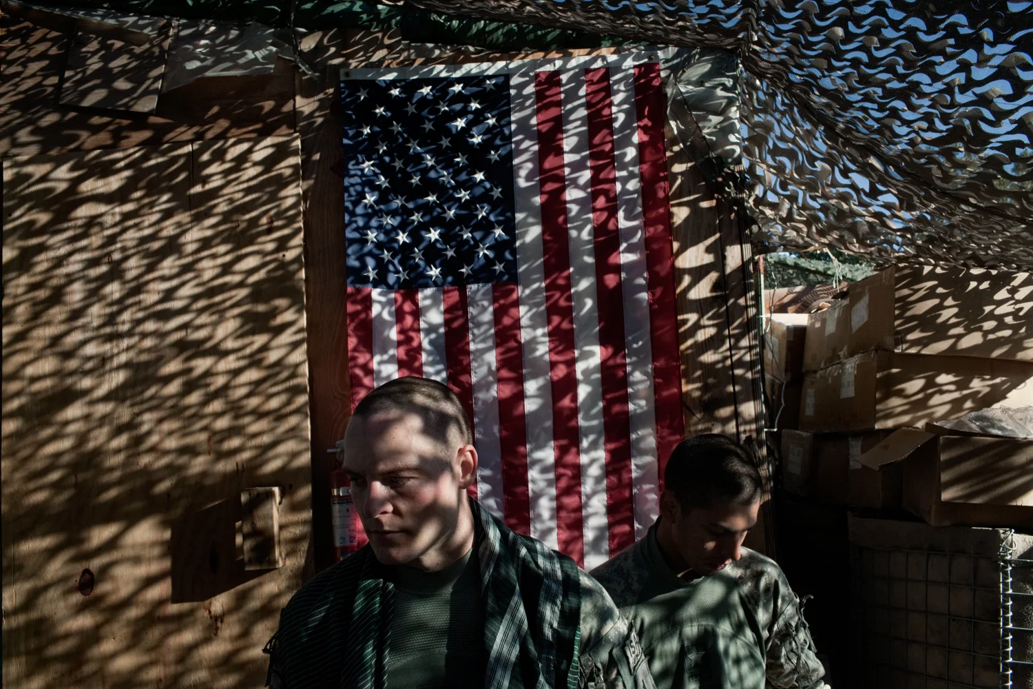 U.S. Army soldiers at Fire Base Restrepo in the Korengal Valley, Kunar Province, Afghanistan.