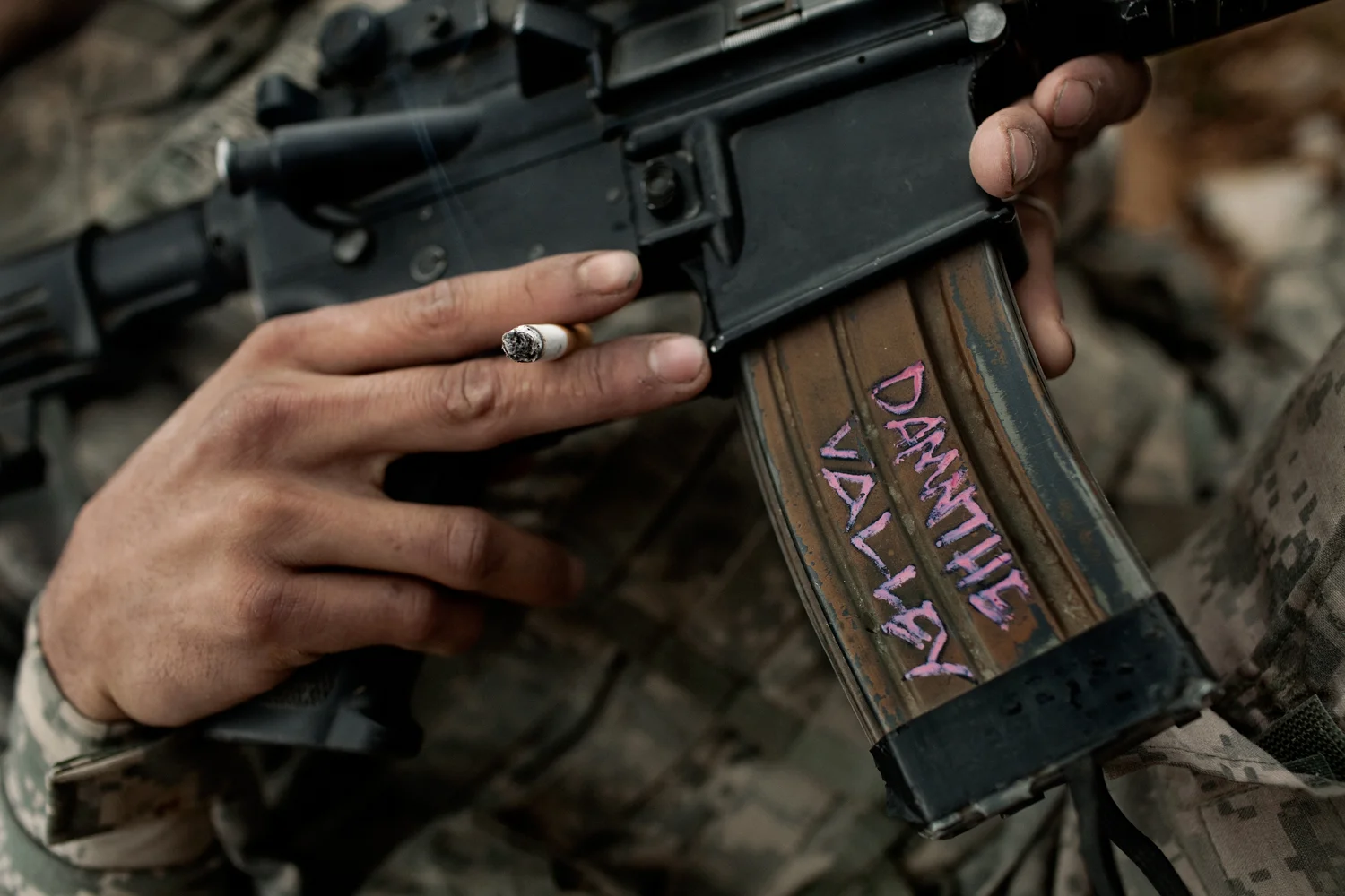 Decorated clip on a U.S. Army M4 gun at the Korengal Outpost, Kunar Province, Afghanistan.