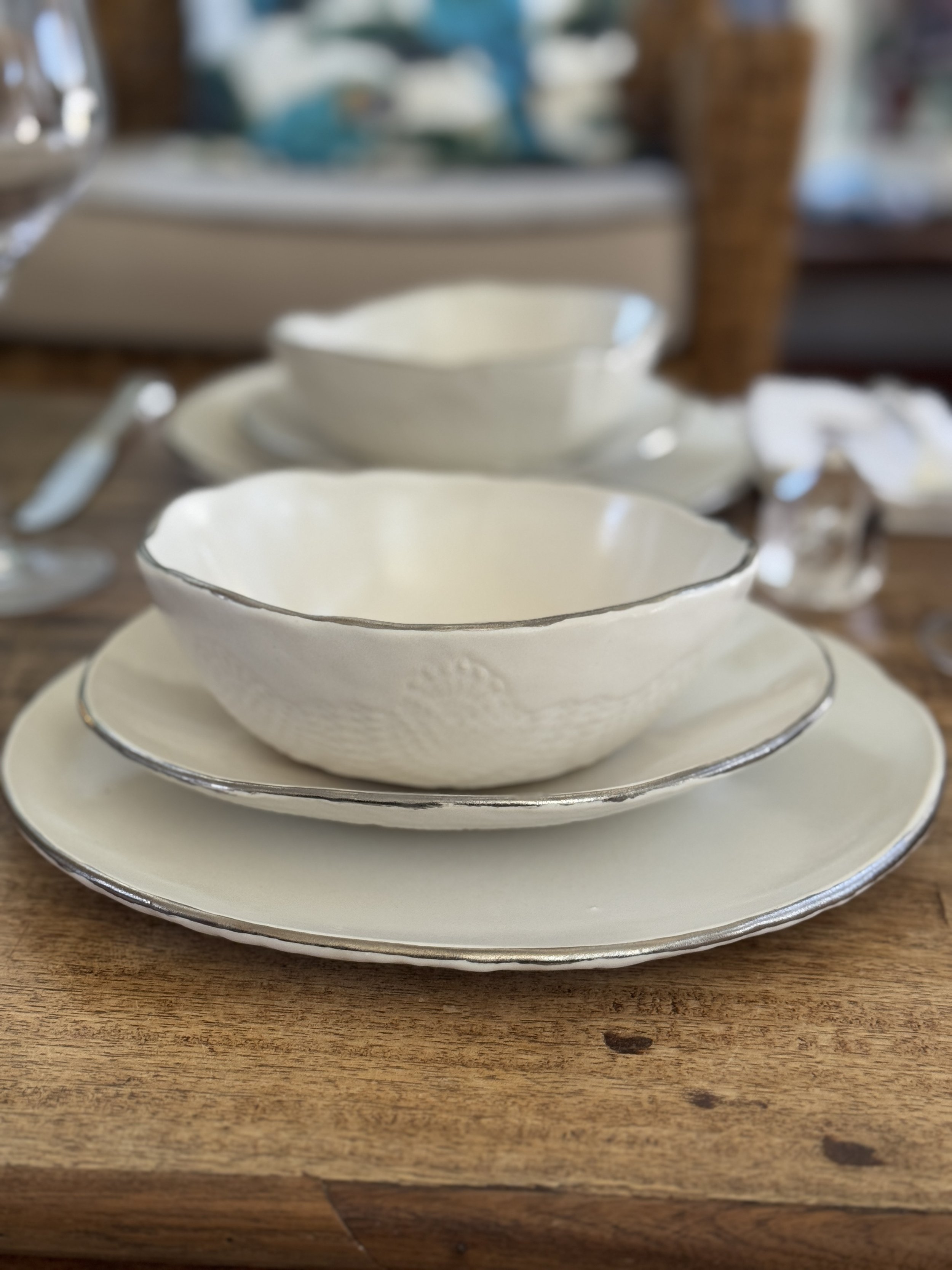 White gold dinner plates - Dinnerware set, 22 karat white gold, Handmade ceramic pottery - SET FOR 2