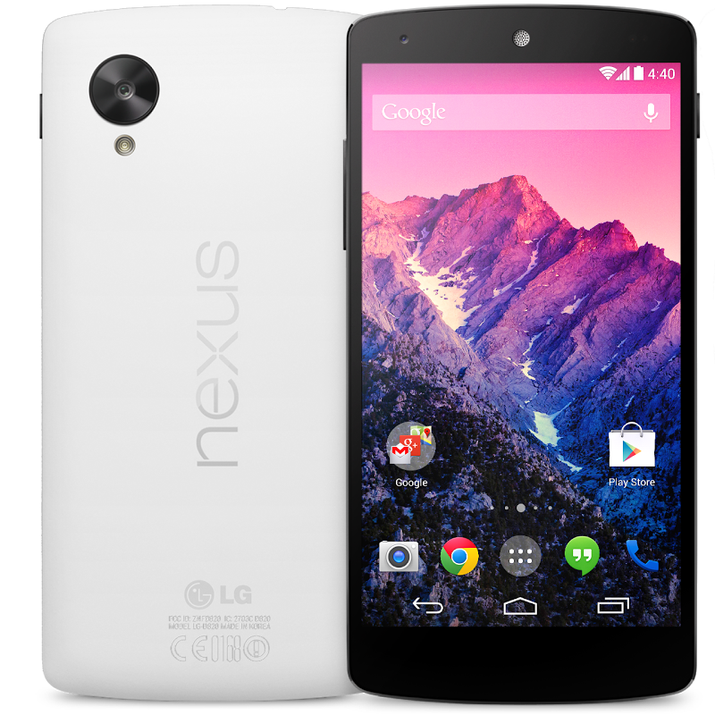 My new Nexus 5 phone from Google. It's white on the back! And it says Nexus!