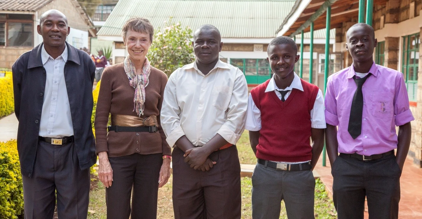 L to R: Dominic Ndwiga (one of our leadership team and head of IT at Meru Boys); Barbara Bates; Mark Namaswa (science teacher); Anton, student; George Wabuki, student who was teaching the digestive system to the class.