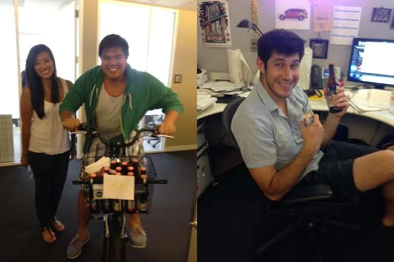 (l)GBB team going around the agency surprising "bike ambassadors" with gift packages inviting them to ride. (r) "Bike ambassador" receiving gift package from GBB.