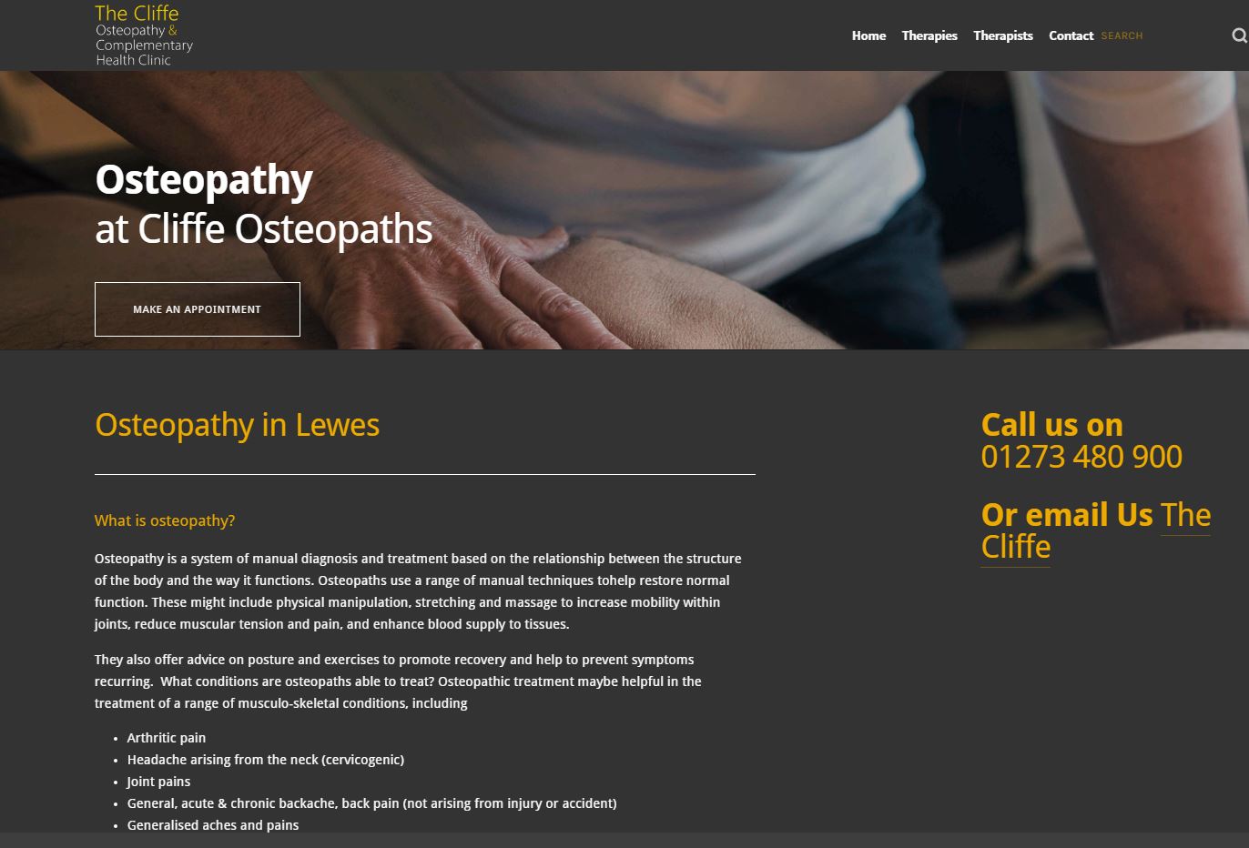 Cliffe Osteopathy Osteopathy page screenshot.JPG