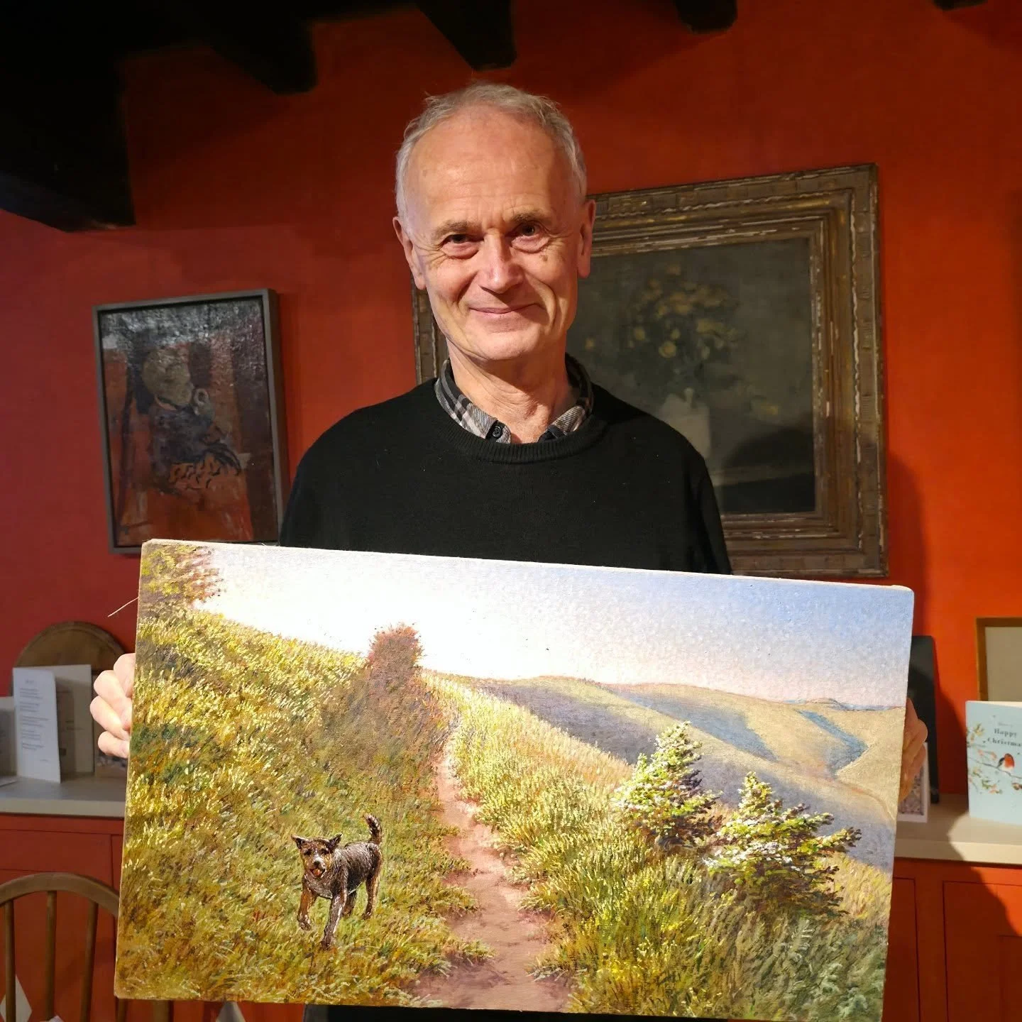 The Story. Two years ago @julianbell_studio asked me to make him a website. I asked HIM to make me a painting, I am a huge admirer of his work. I now have the painting. He has recorded the last part of the steep climb to the top of the Downs from Lew
