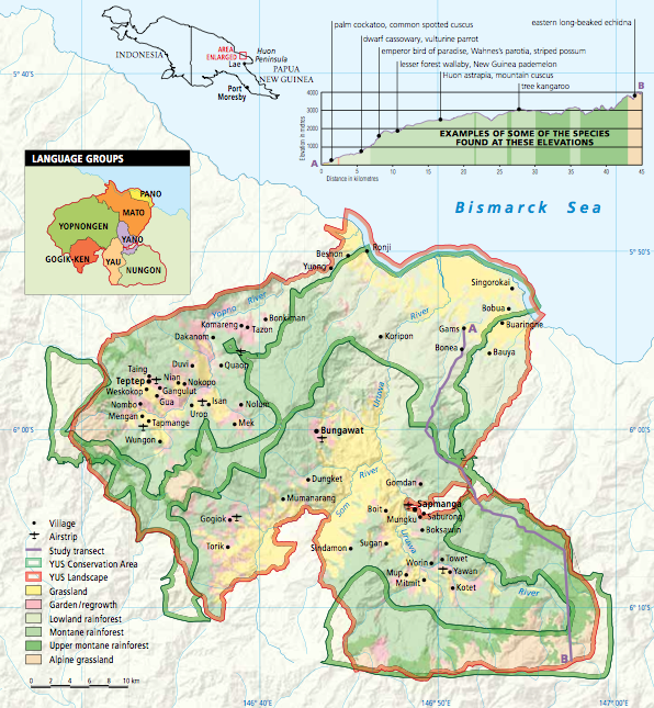 Map of the YUS Conservation Area, Morobe Province, PNG (reproduced from Australian Geographic magazine)