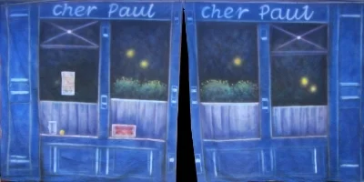 France Backdrops French Cafe Blue - NB - This is a split drop for room entrance but can be hung as a solid drop Treated with fire retardant 220816