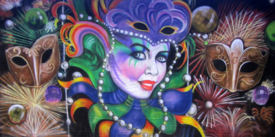 Mardi Gras Backdrop (F16) Beaded Lady with Masks Treated with fire retardant 010817