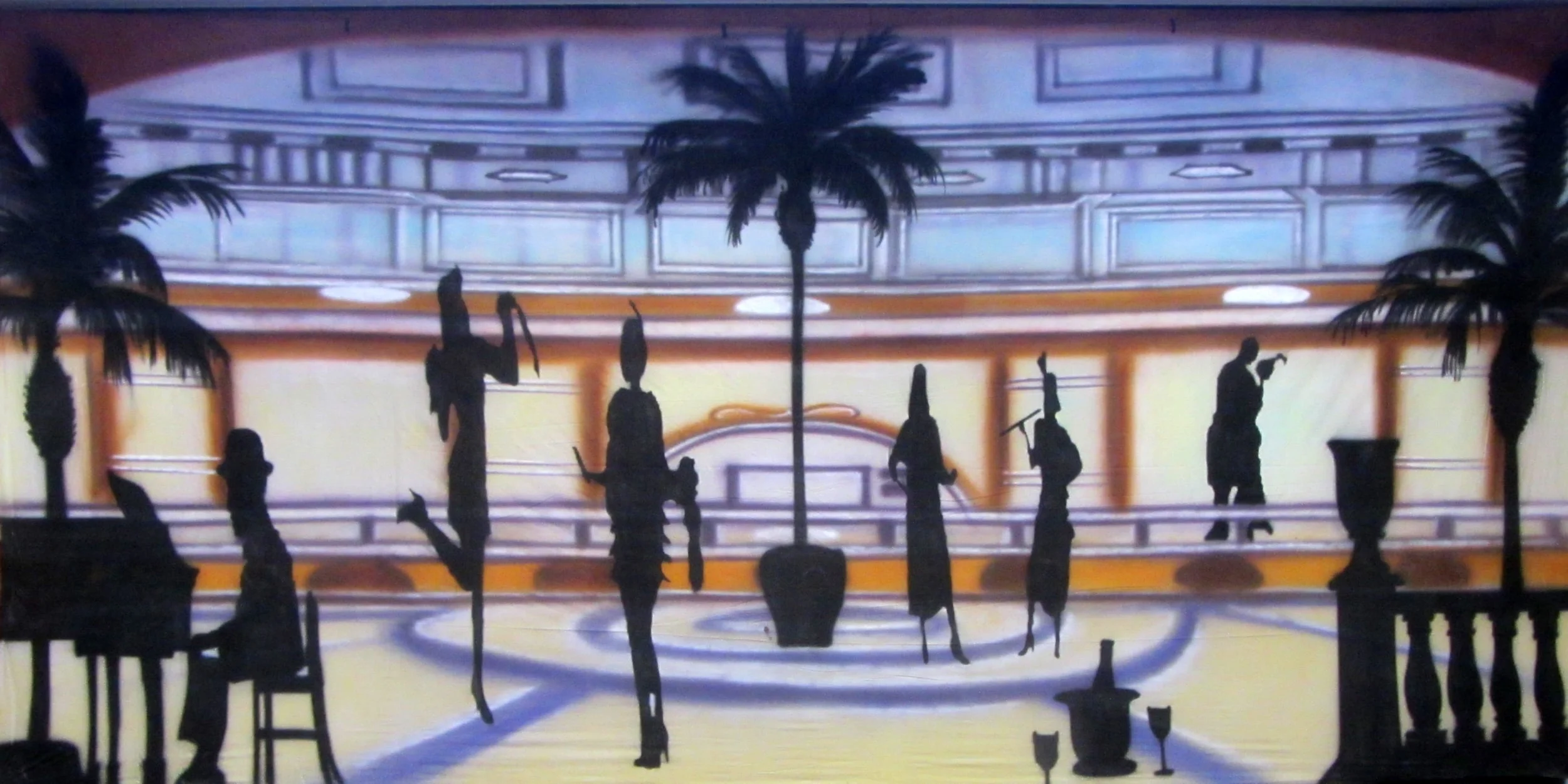 1920s Backdrop - Palm Court with Piano Measures approximately 6m x 3m (20’ x 10’) Can be supplied with freestanding, goal post style stand