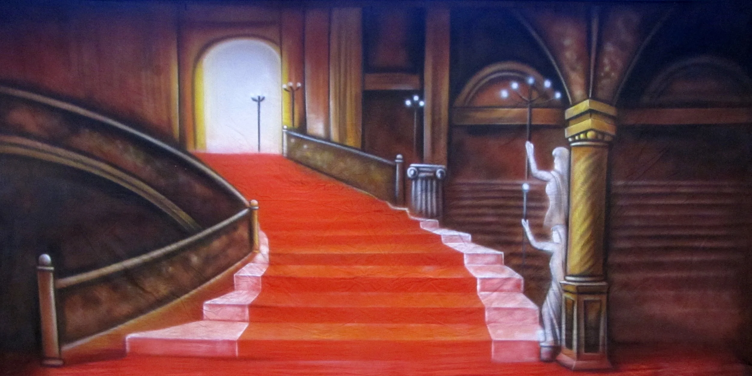 1920s Backdrop - Gatsby Mansion Measures approximately 6m x 3m (20’ x 10’) Can be supplied with freestanding, goal post style stand If the theme is being used in the Christmas season can be used with backdrop 'Victorian Manor Christmas' - see Christmas Backdrops