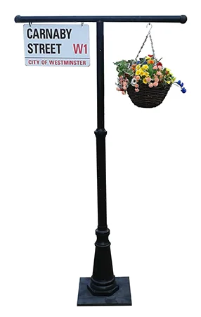 Lamposts with flowers and iconic 60s signage 3 = Carnaby Street - Penny Lane - Abbey Road