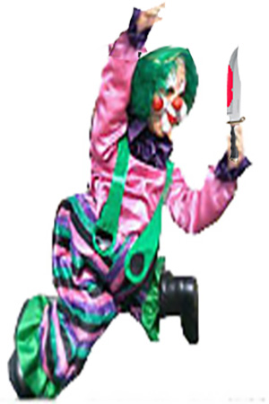 3D Clown Midget - holding blood stained knife Figure is Animatronic and waves knife Looks great used with our giant gold picture frames 2 available