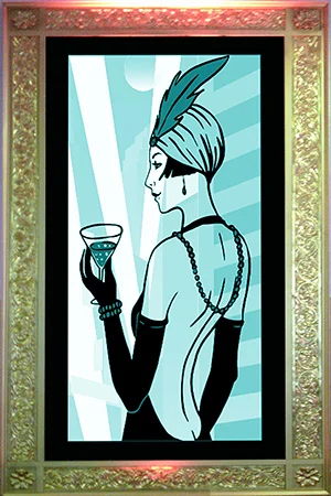 Giant Gold Framed 1920s transparencies Approx 2.5m high and 1.2m wide These are back lit with either static or colour changing lights - 4 available
