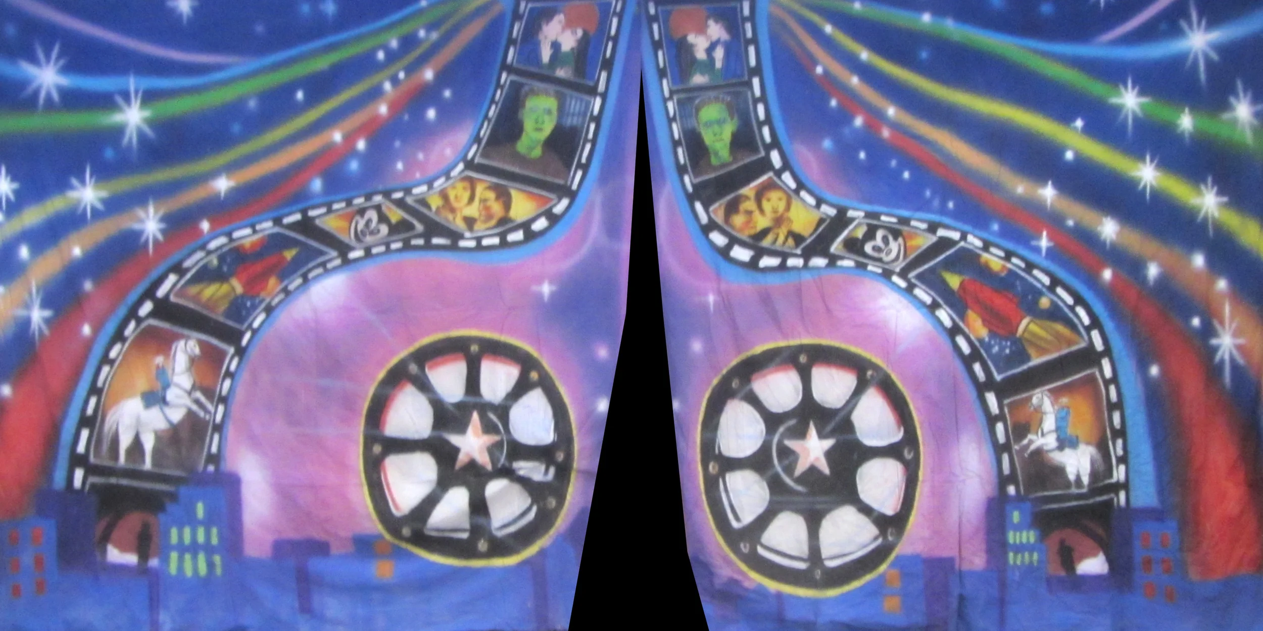 Backdrop Measures approximately 6m x 3m (20' x 10') Split down middle for entrances or for use either side of stage/star cloth Can be supplied with freestanding, goal post style stand