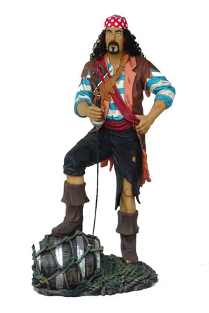 Pirate - Lifesized - Fully 3D Approx dimensions:- 55cms x 98cms x 190cms This fabulous swahbuckling Pirate model stands with his foot on a barrel. He has knives attached to his belt and a metal sword