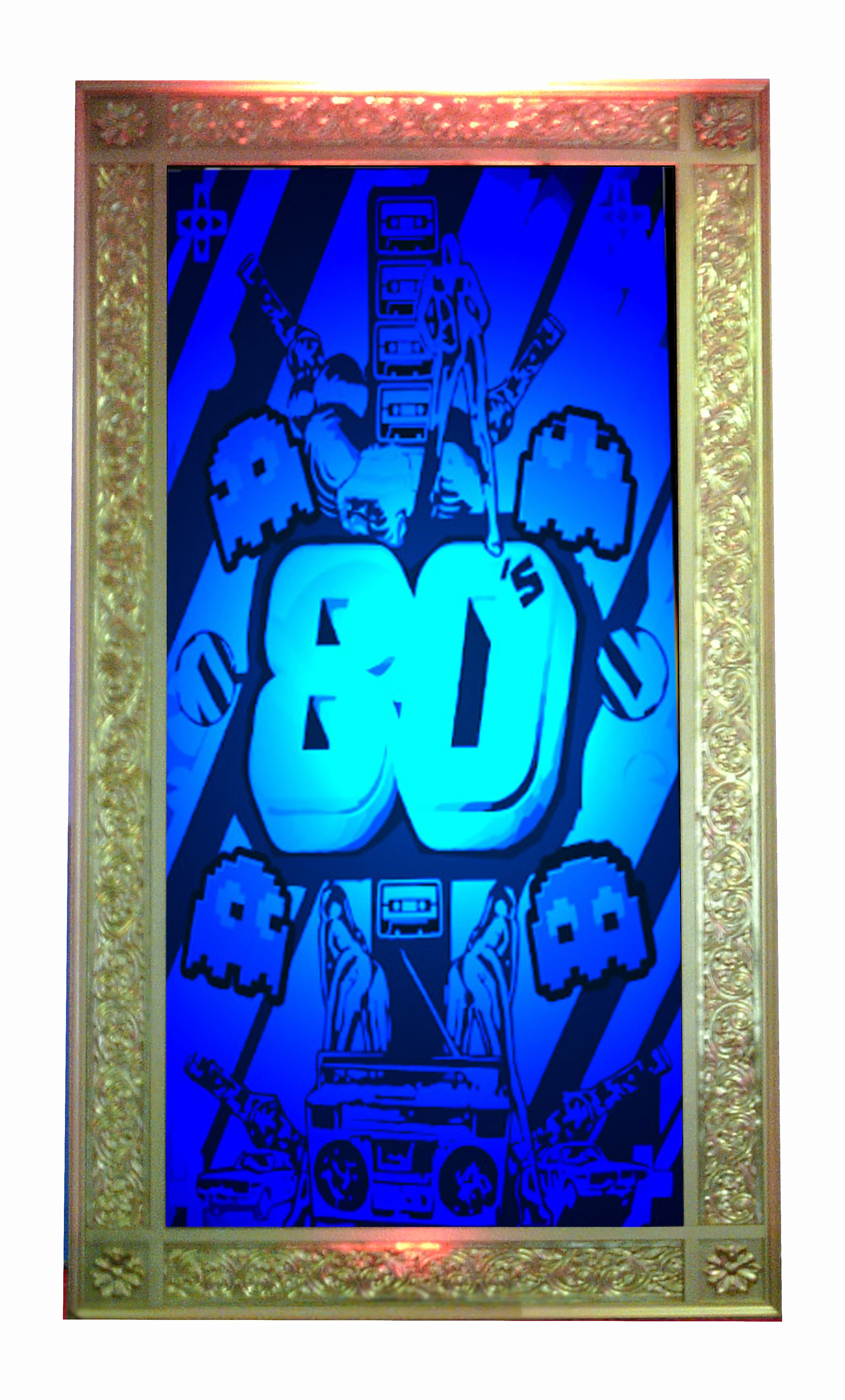 Giant Gold Framed transparencies - Approx 2.5m high and 1.2m wide These are back lit with either static or colour changing lights - 2 available