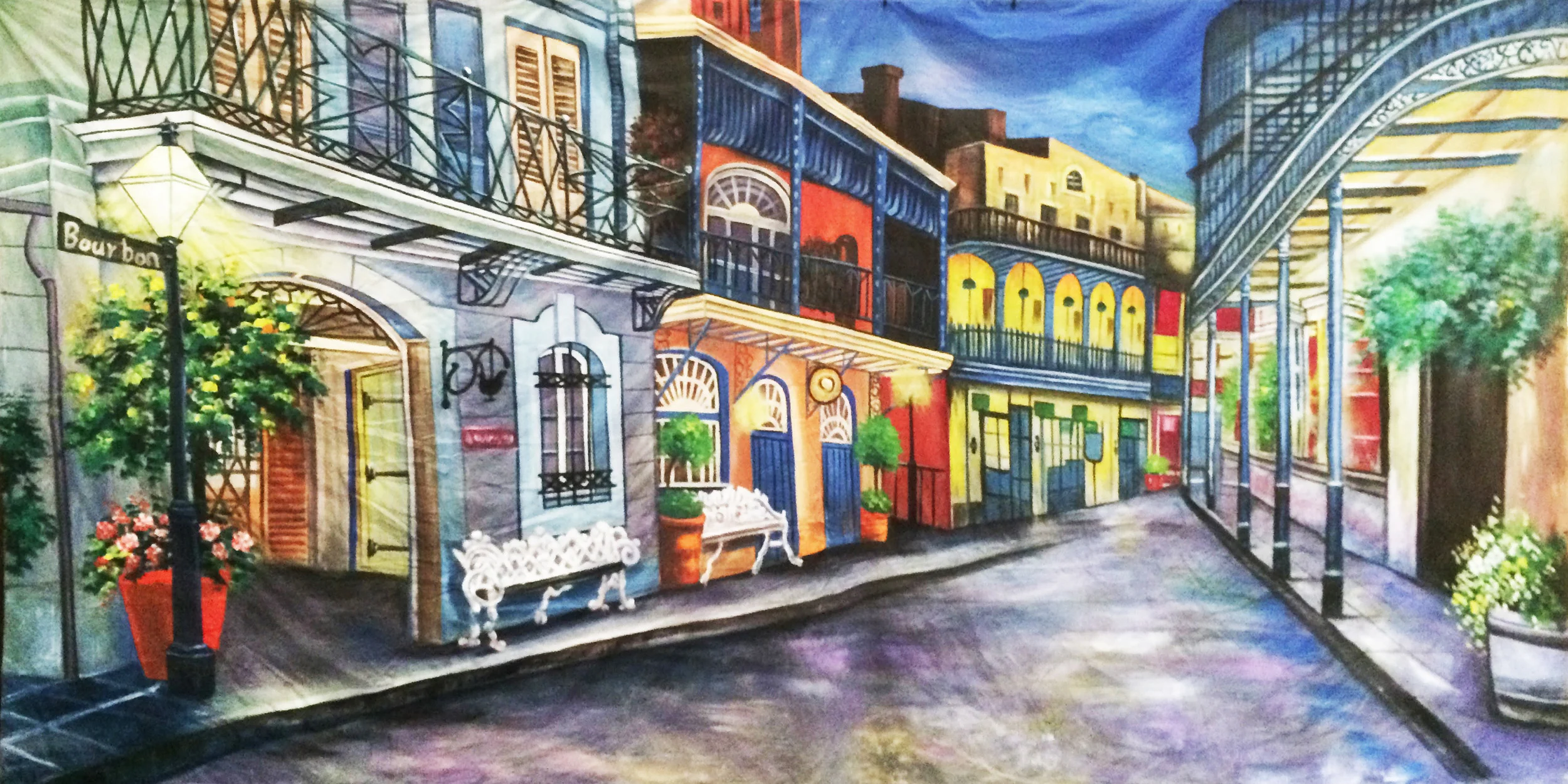 Backdrop - New Orleans - Bourbon Street Measures approximately 6m x 3m (20' x 10') Can be supplied with freestanding, goal post style stand