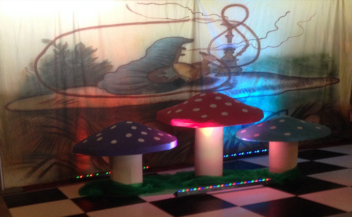 Cameo at an event - Showing backdrop - Black and white dance floor - Mushrooms and Lighting Mushrooms are 1.2m and .8m 