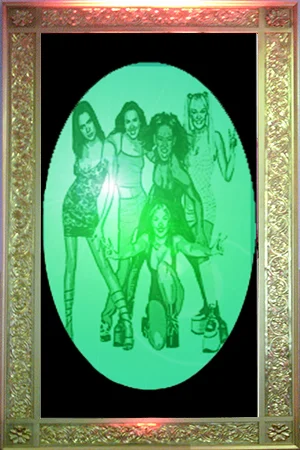 Giant Gold Framed 1990s band transparencies Approx 2.5m high and 1.2m wide These are back lit with either static or colour changing lights - 4 available